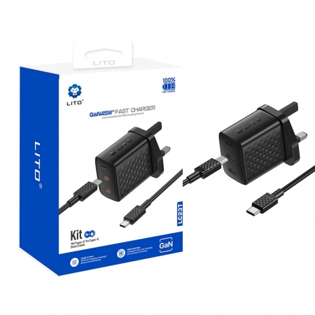 LITO LC23 45W Dual USB-C GaN-Schnellladegerät mit UK-Stecker für schnelleres und sicheres Laden auf Reisen 