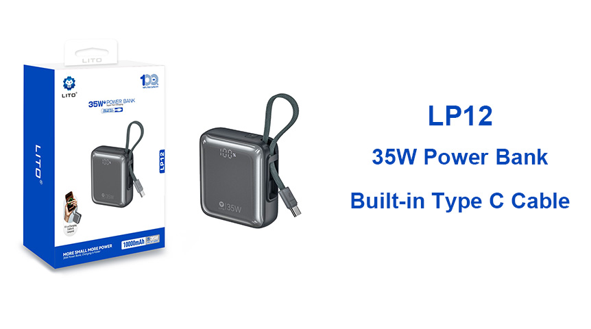 LITO LP12 35W Mini-Powerbank | Integriertes USB-C-Kabel & Schnellladen überall