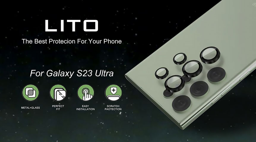 Lito S+ Kameraobjektivschutz aus Metall für Samsung Galaxy S23 Ultra mit einfachem Installationskit